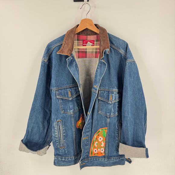 Vintage Marlboro Country Store Denim Jacket L Leather Collar Upcycled Embroidery - Picture 1 of 13